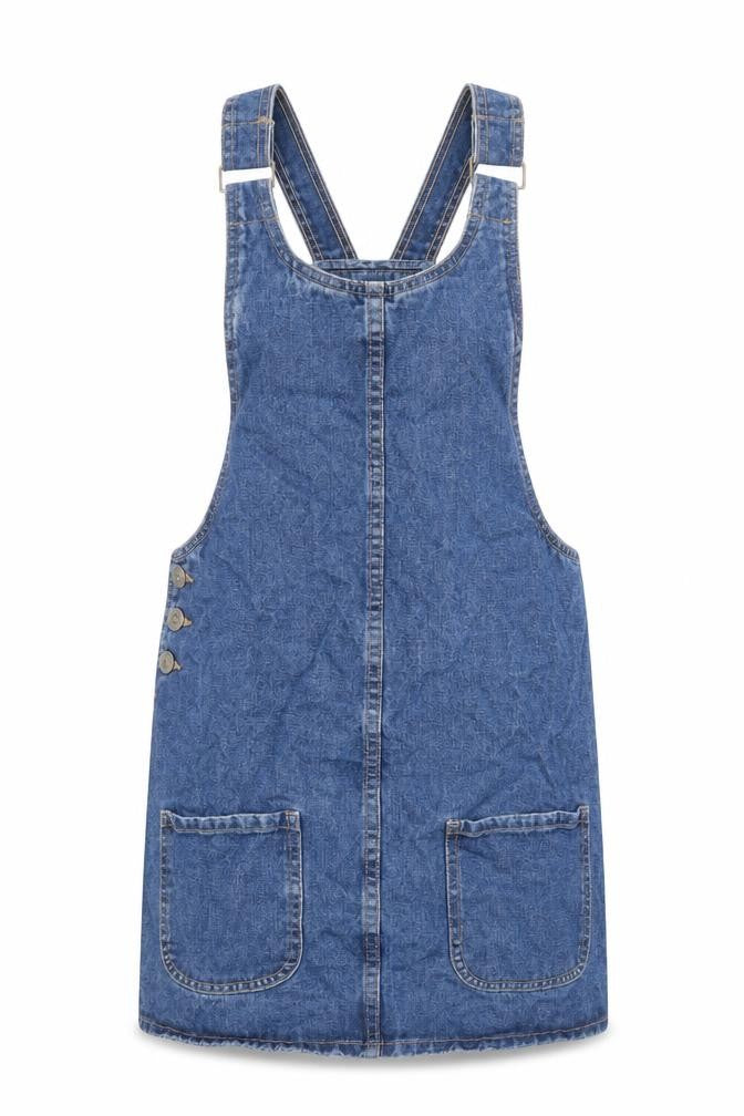Denim & Co. Womens Blue 100% Cotton Pinafore/Dungaree Dress Size 6 Round Neck Buckle