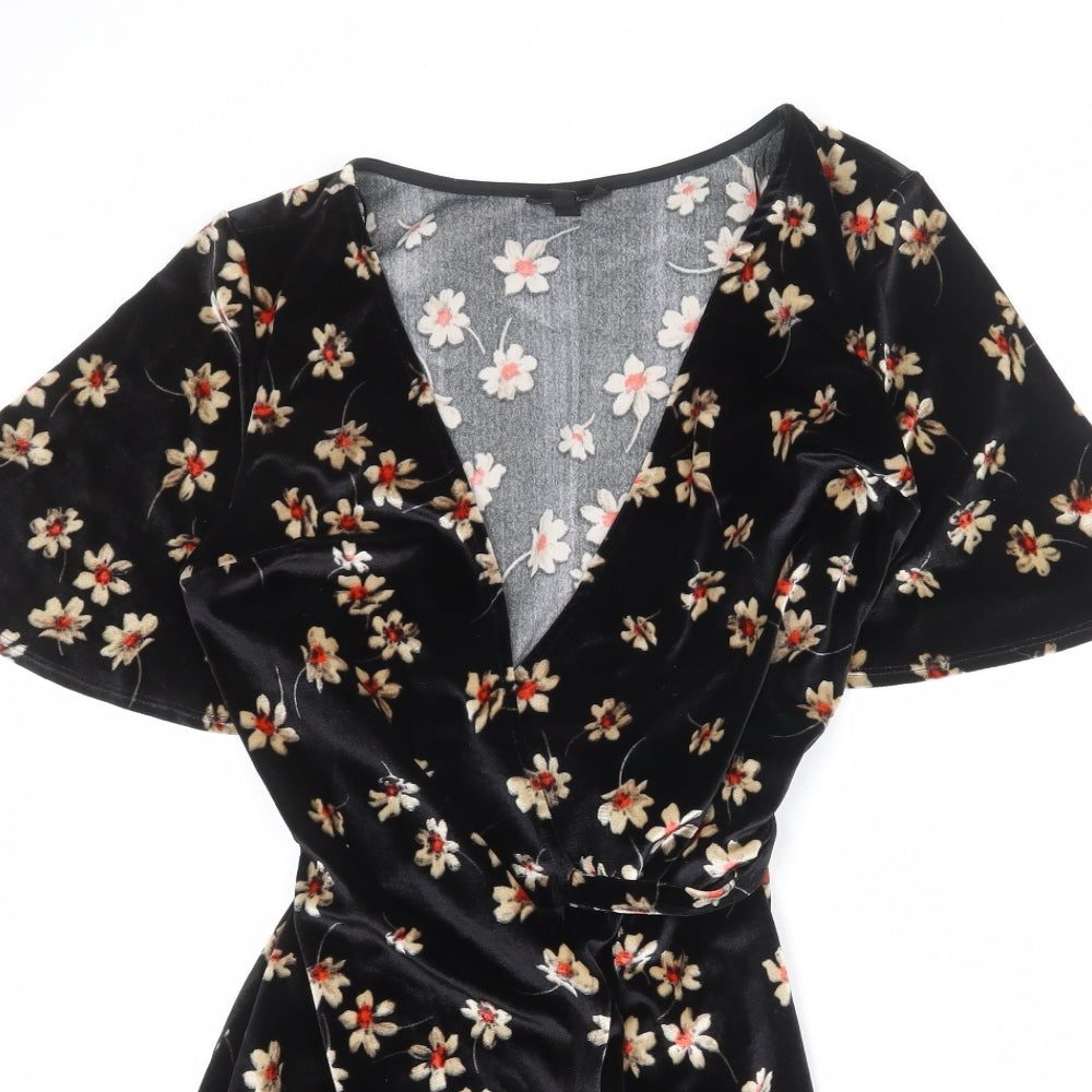 Topshop Womens Black Floral Polyester Wrap Dress Size 10 V-Neck Tie - Angel Sleeve