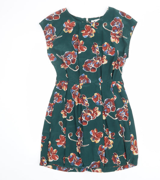 Glamorous Womens Green Floral Polyester Shift Size 8 Boat Neck Zip