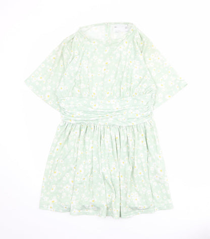 Additional front view of ASOS women’s green floral polyester mini, size UK 14, round neck button