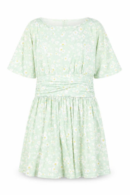 Front view of ASOS women’s green floral polyester mini, size UK 14, round neck button