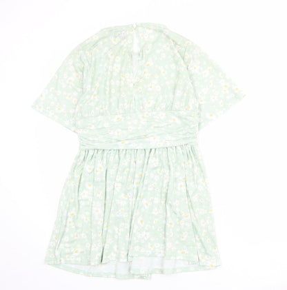 Back view of ASOS women’s green floral polyester mini, size UK 14, round neck button