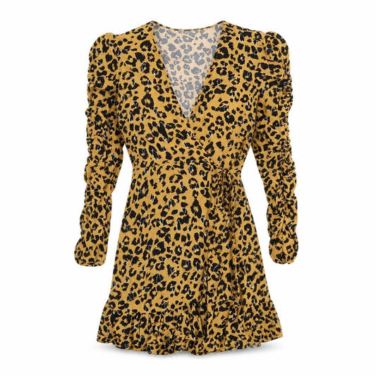 Topshop Womens Brown Animal Print Viscose Wrap Dress Size 8 V-Neck Tie - Leopard pattern