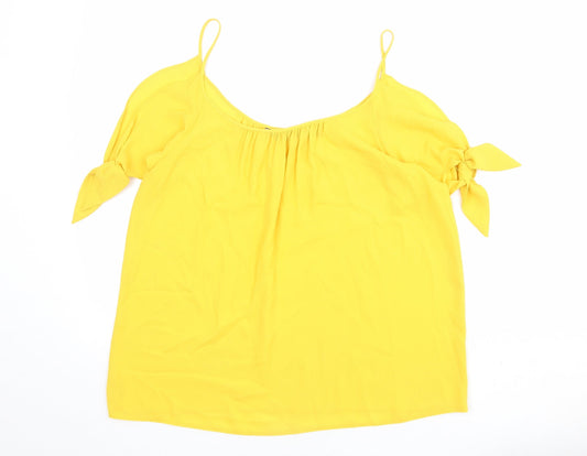 Dorothy Perkins Womens Yellow Polyester Basic Blouse Size 12 Round Neck - Cold Shoulder