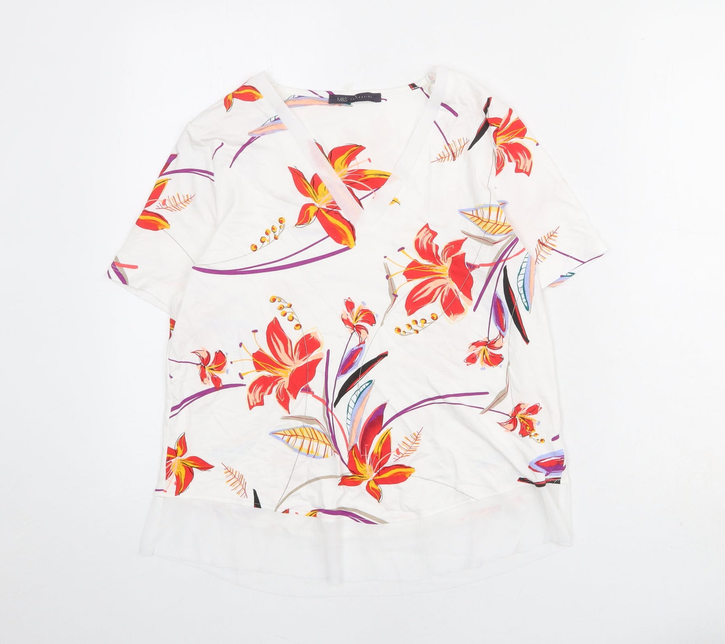 Marks and Spencer Womens White Geometric Viscose Basic Blouse Size 10 V-Neck
