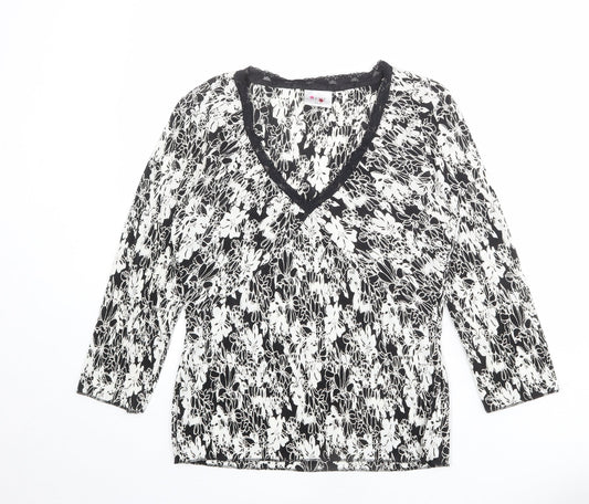 NEXT Womens Black Geometric Polyester Basic T-Shirt Size 14 V-Neck