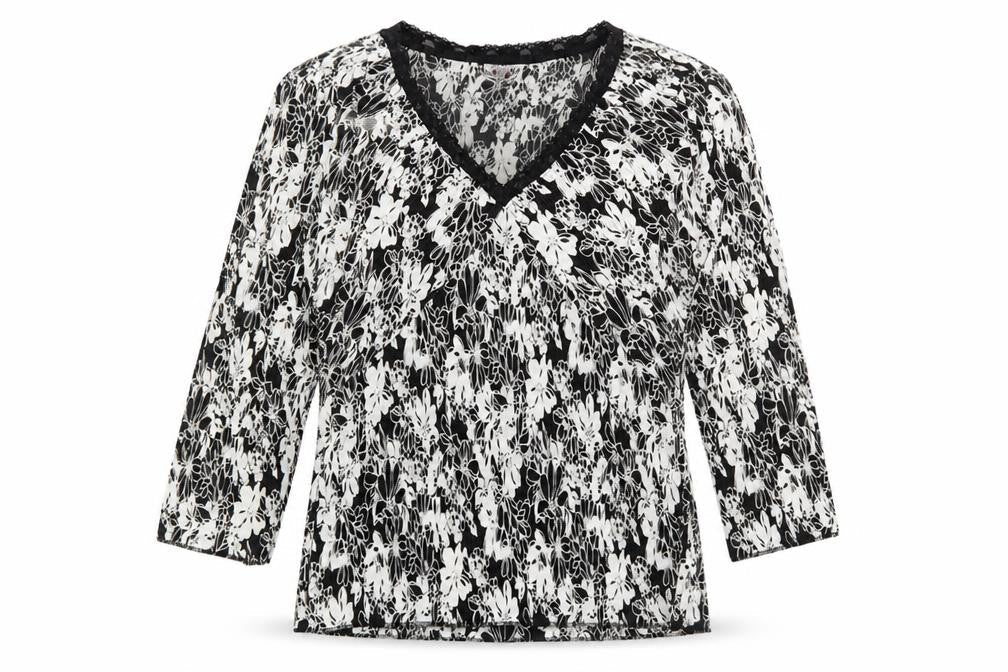 NEXT Womens Black Geometric Polyester Basic T-Shirt Size 14 V-Neck