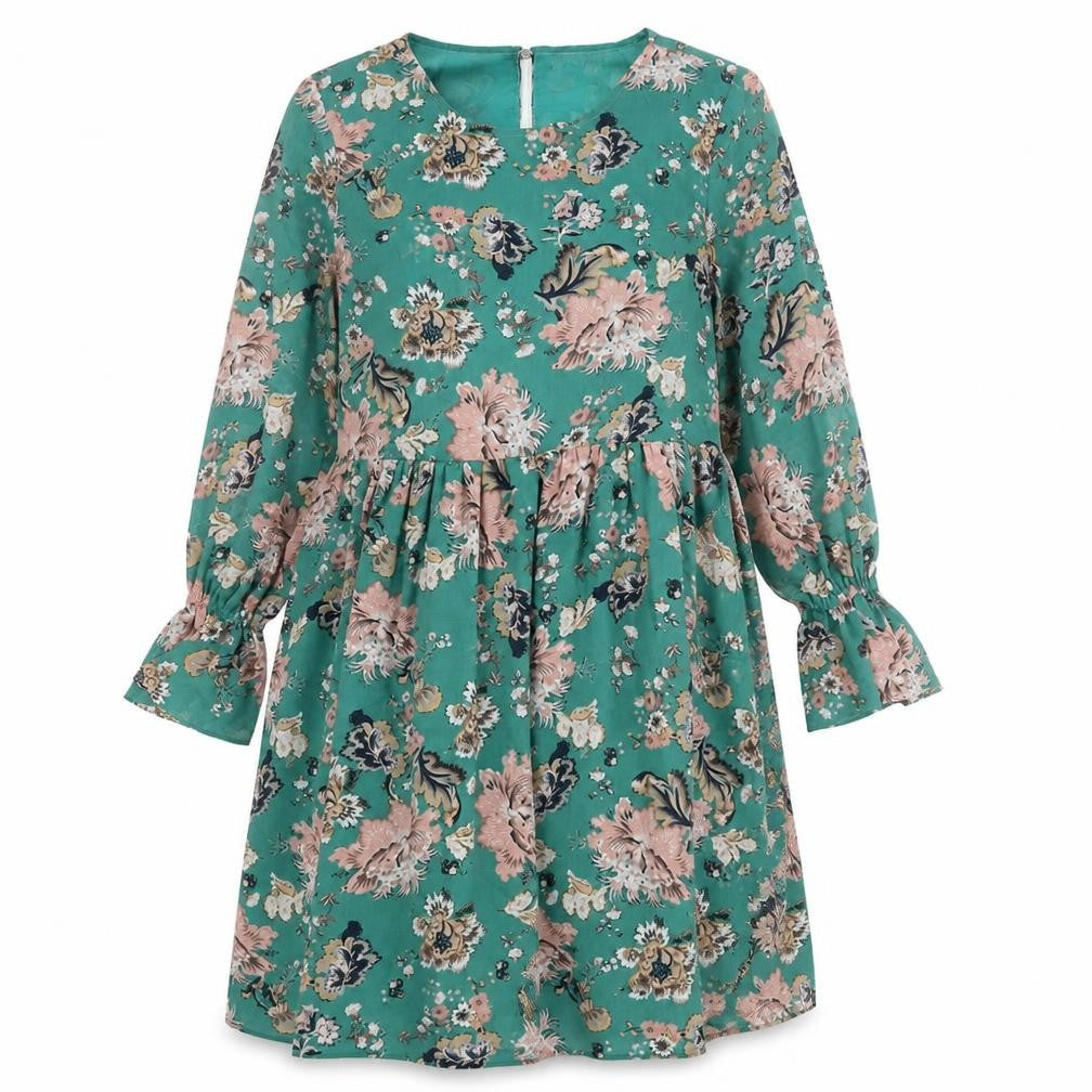 Glamorous Womens Green Floral Polyester A-Line Size M Round Neck Zip