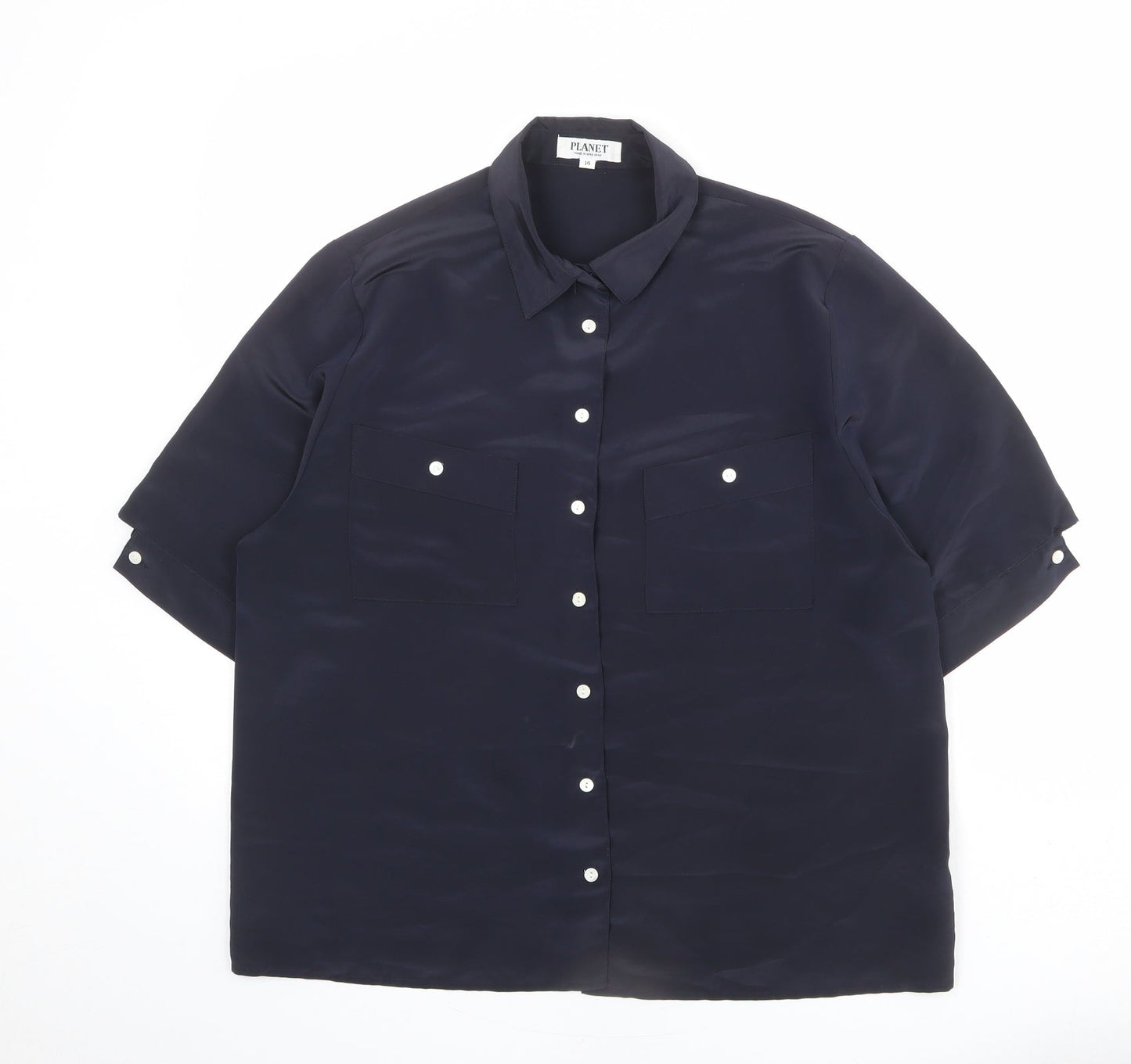 Planet Womens Blue Polyester Basic Button-Up Size 14 Collared