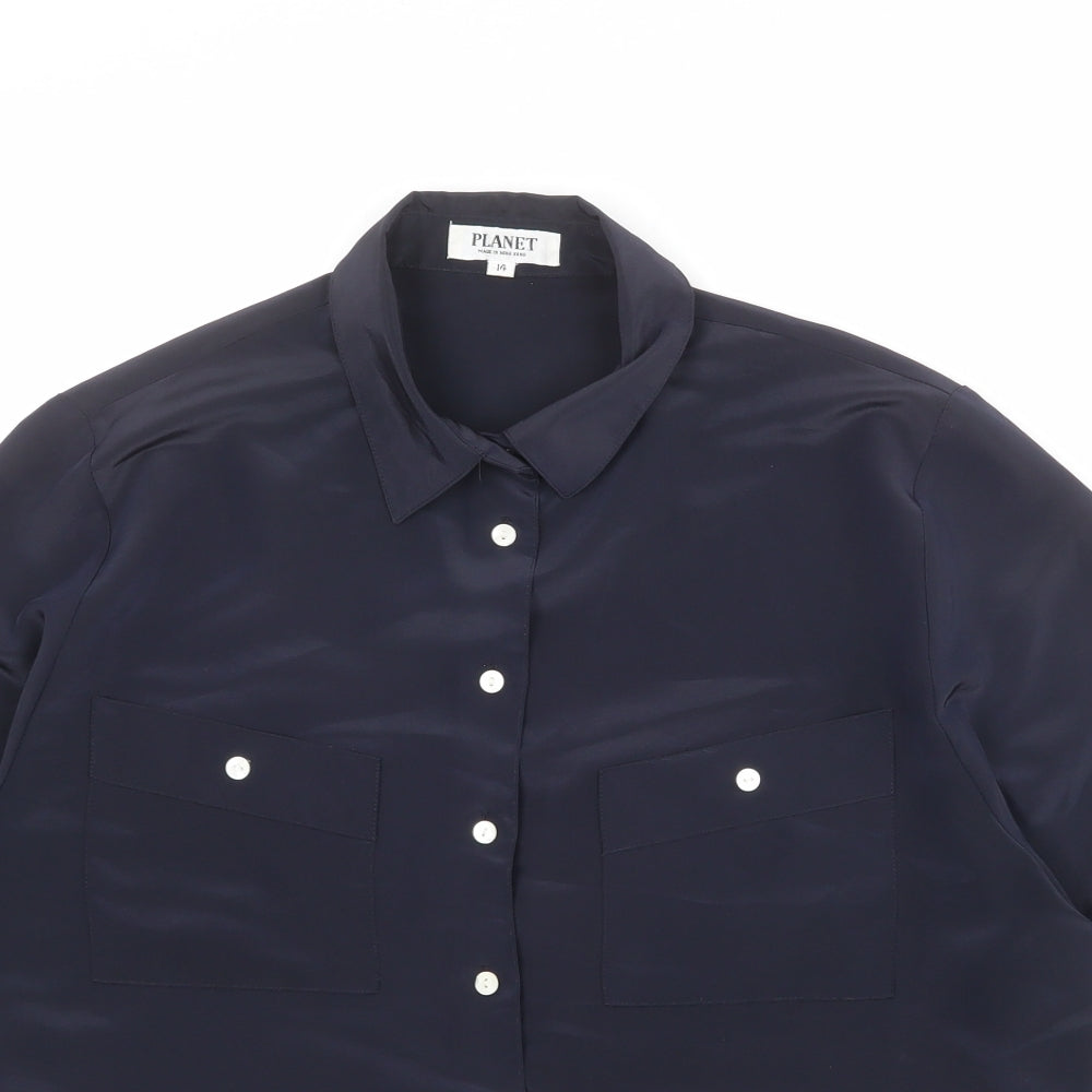 Planet Womens Blue Polyester Basic Button-Up Size 14 Collared