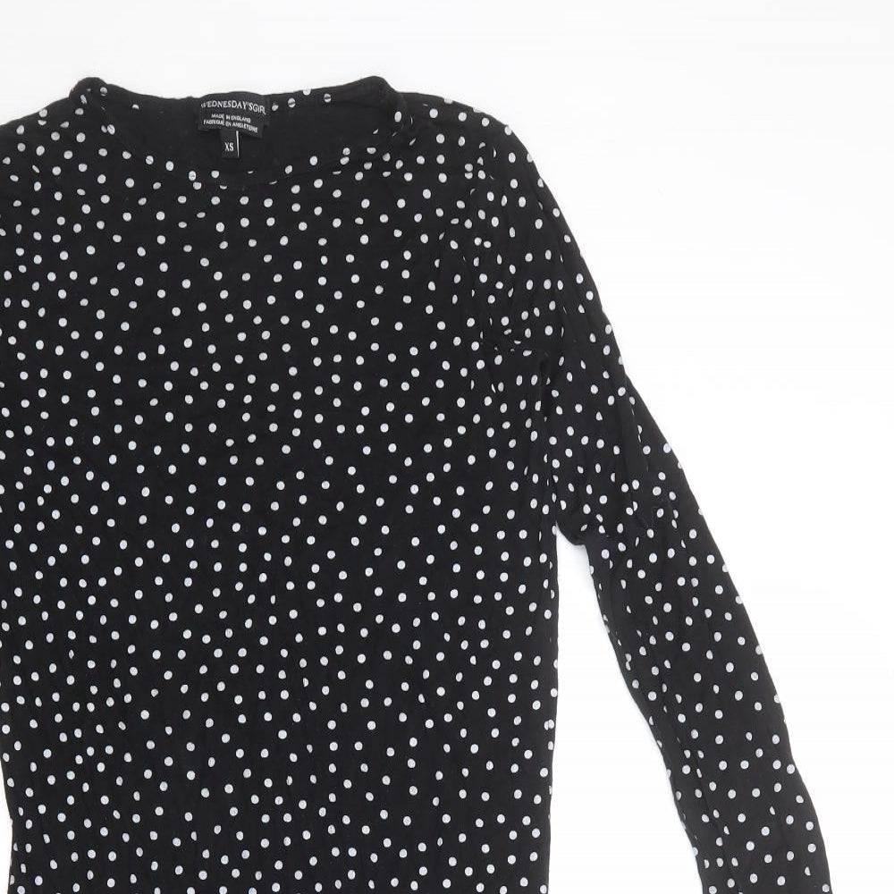 Wednesday's Girl Womens Black Polka Dot Viscose A-Line Size XS Round Neck Pullover