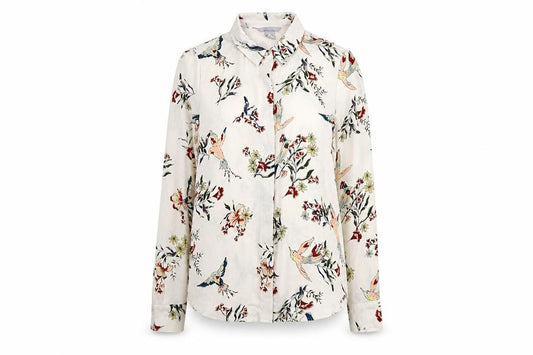 H&M Womens Ivory Floral Polyester Basic Button-Up Size 6 Collared - Bird Print