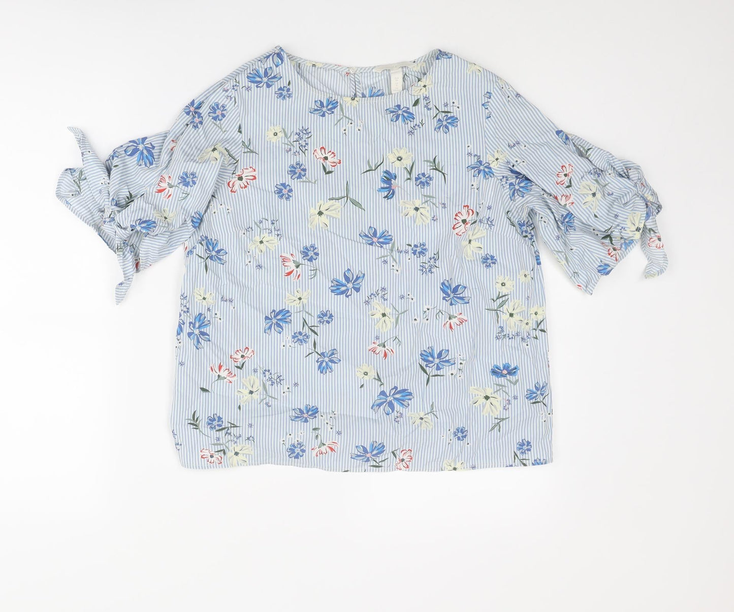 H&M Womens Blue Striped Cotton Basic Blouse Size 6 Round Neck - Floral