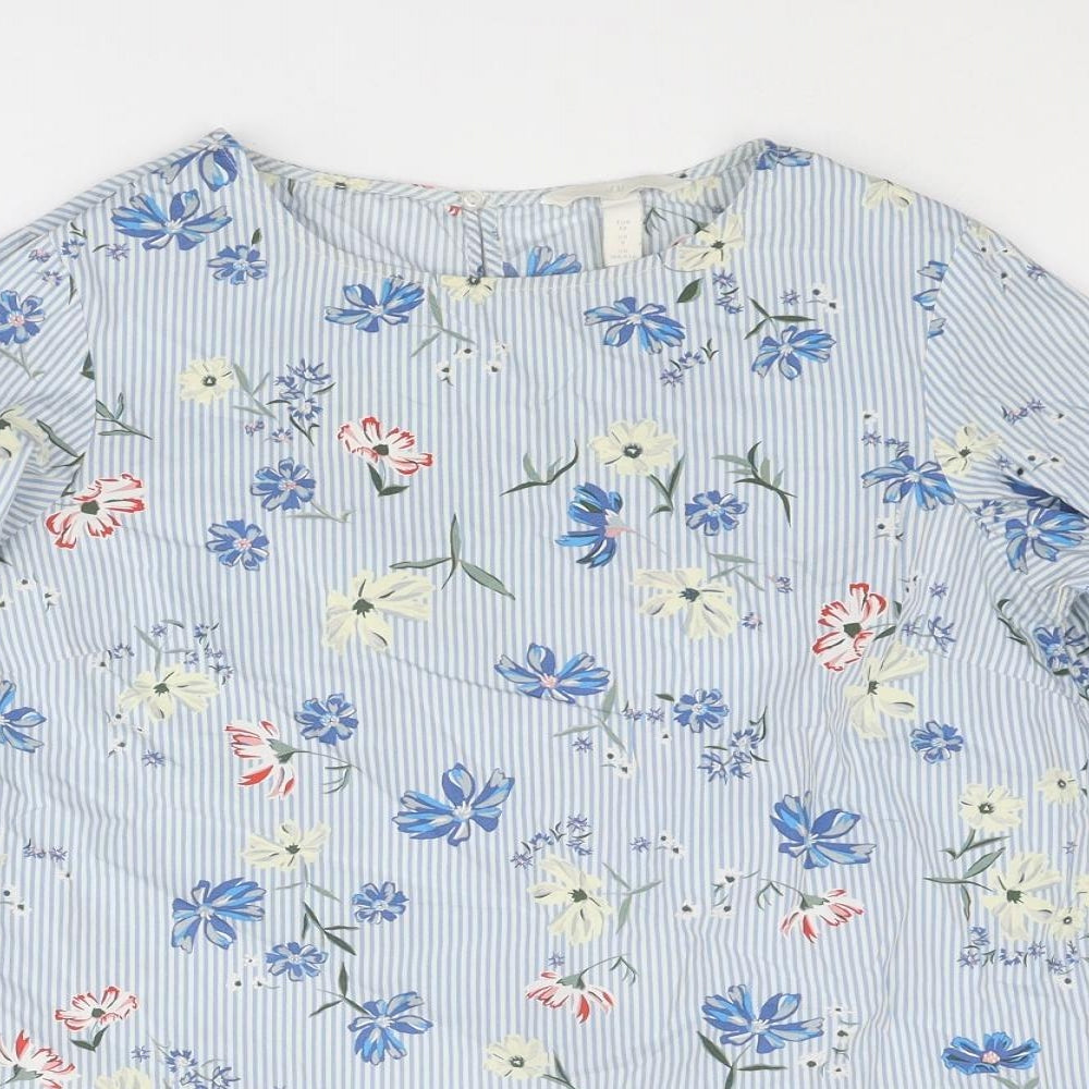 H&M Womens Blue Striped Cotton Basic Blouse Size 6 Round Neck - Floral