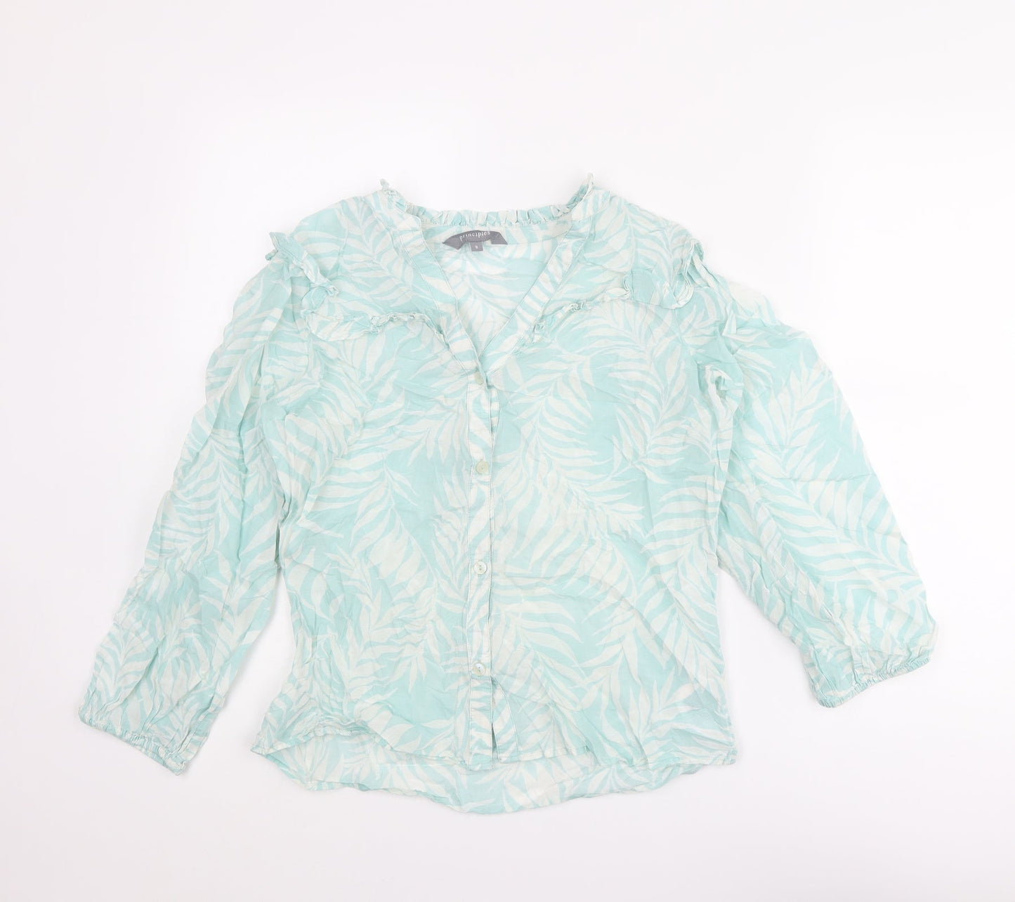 Principles Womens Blue Geometric Cotton Basic Button-Up Size 8 V-Neck