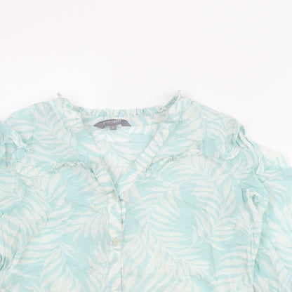 Close-up detail of Principles women’s blue geometric cotton basic button-up, size UK 8, v-neck