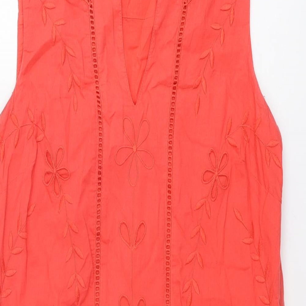 Monsoon Womens Red Cotton Shift Size 10 V-Neck Zip - Broderie Anglaise