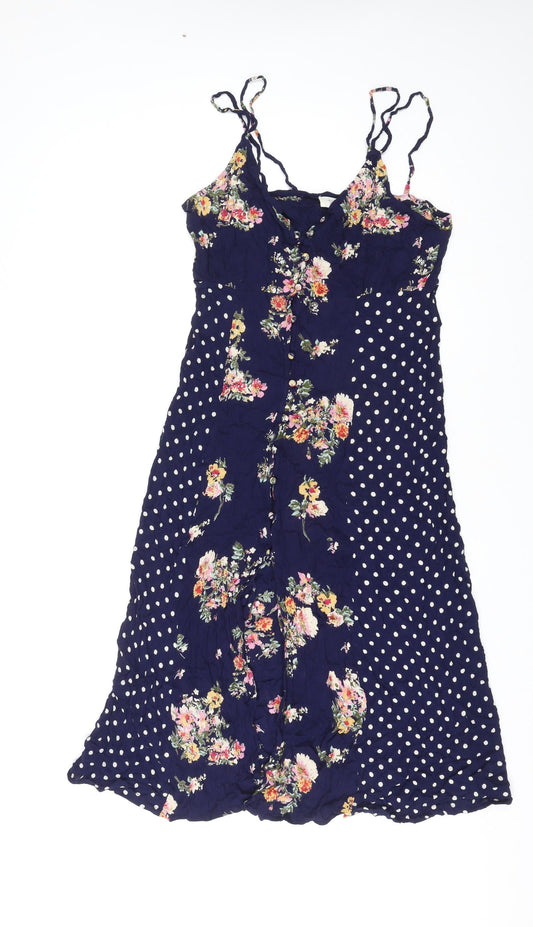 Earth Angel Womens Blue Floral Viscose Slip Dress Size M V-Neck Button