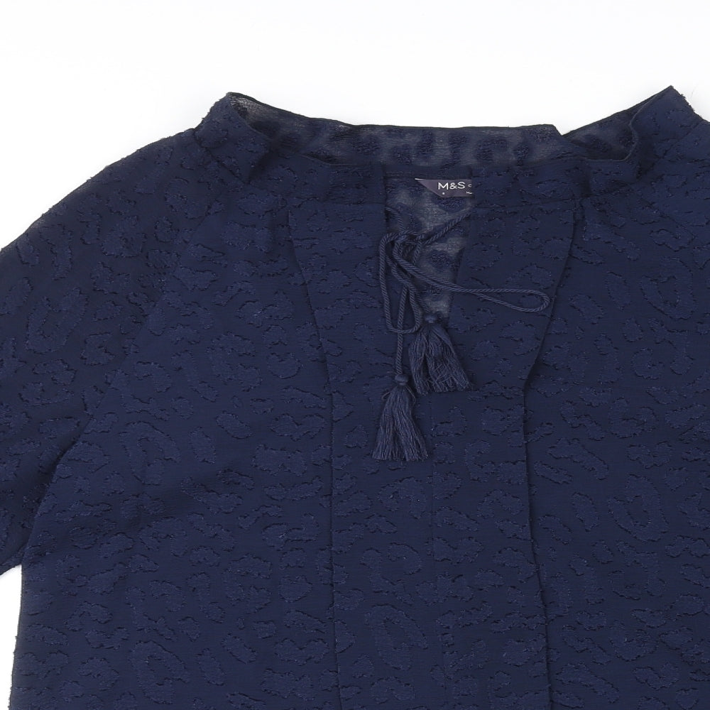 Marks and Spencer Womens Blue Animal Print Polyester Basic Blouse Size 8 V-Neck