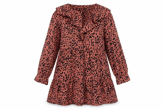 Zara Womens Pink Polka Dot Polyester A-Line Size S Round Neck Button - Frill Smocked