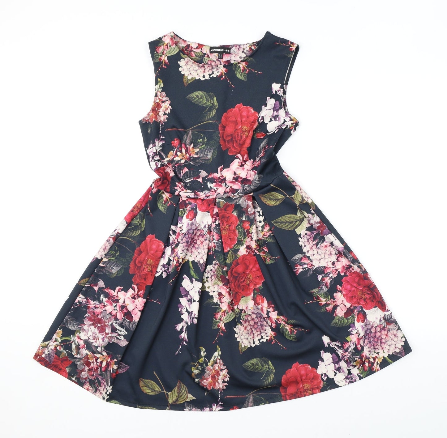 Warehouse Womens Black Floral Polyester A-Line Size 8 Round Neck Pullover