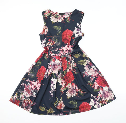 Warehouse Womens Black Floral Polyester A-Line Size 8 Round Neck Pullover