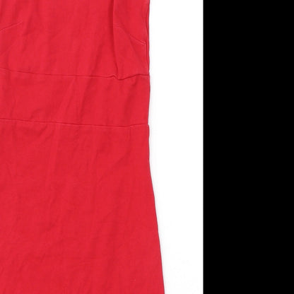 Close-up detail of Miss Selfridge women’s red cotton shift, size UK 8, round neck pullover