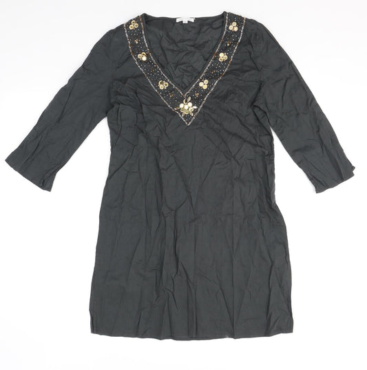 House of Fraser Womens Grey Cotton Tunic Blouse Size M V-Neck - Embellished Neckline