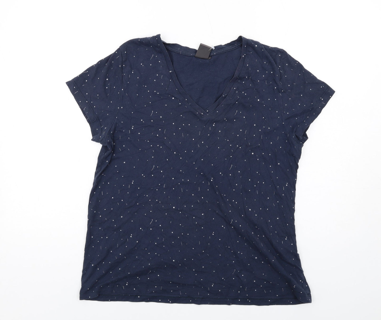 ICHI Womens Blue Geometric Cotton Basic T-Shirt Size L V-Neck