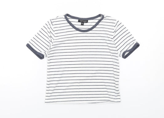 Topshop Womens White Striped Polyester Basic T-Shirt Size 6 Round Neck
