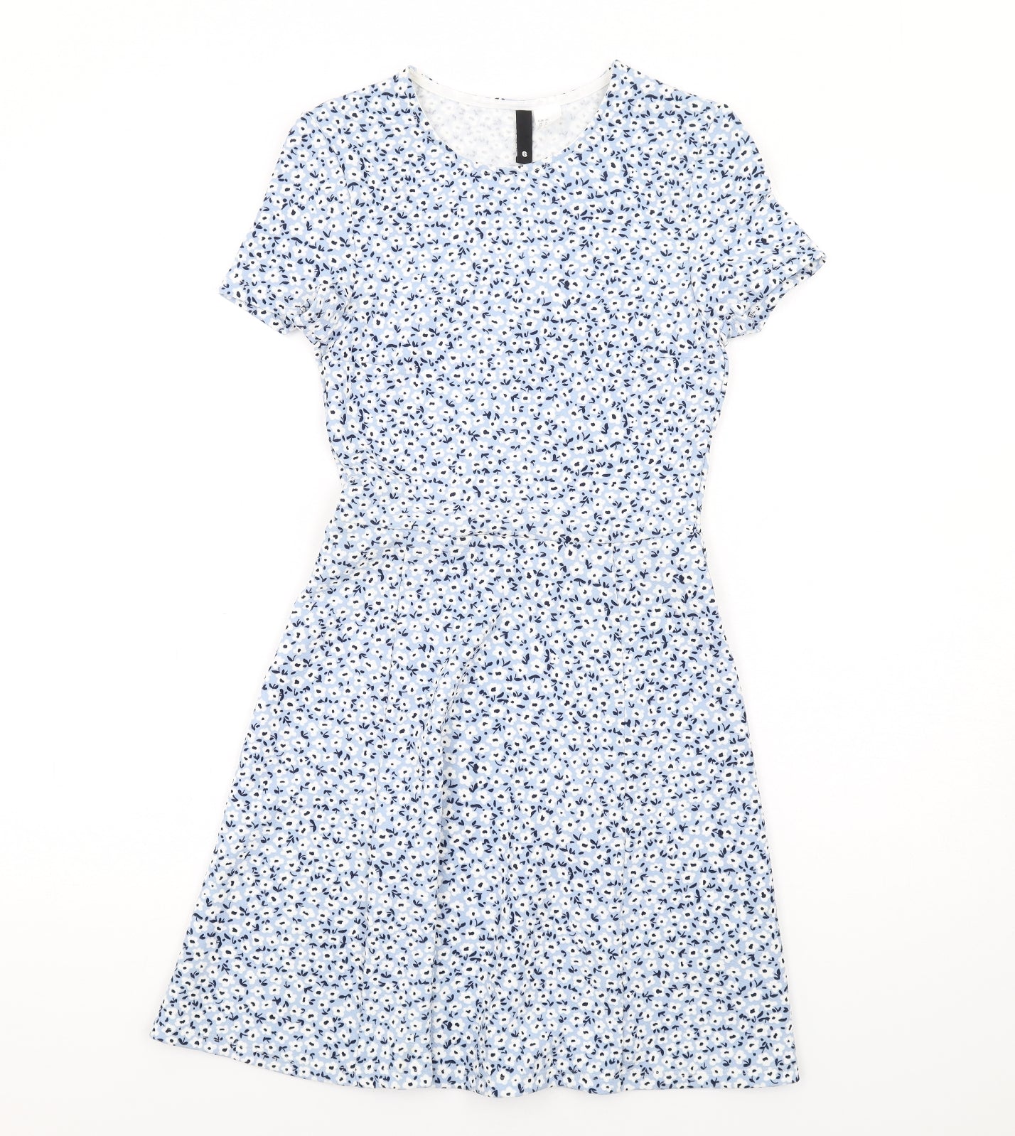 H&M Womens Blue Floral Polyester Skater Dress Size 6 Round Neck Pullover