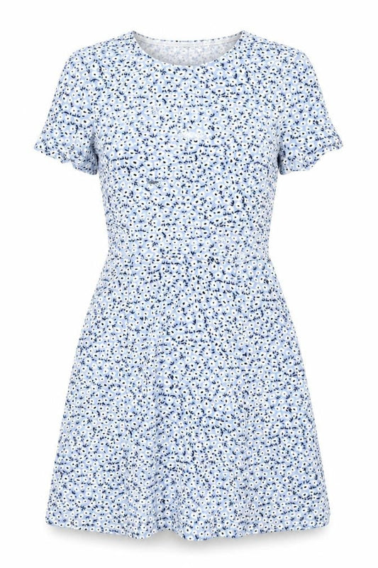 H&M Womens Blue Floral Polyester Skater Dress Size 6 Round Neck Pullover