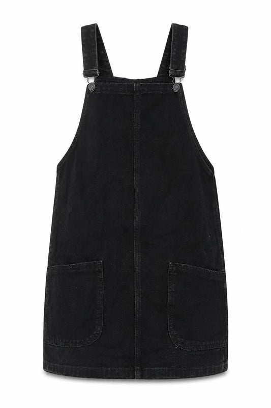 New Look Womens Black Cotton Pinafore/Dungaree Dress Size 6 Square Neck Buckle