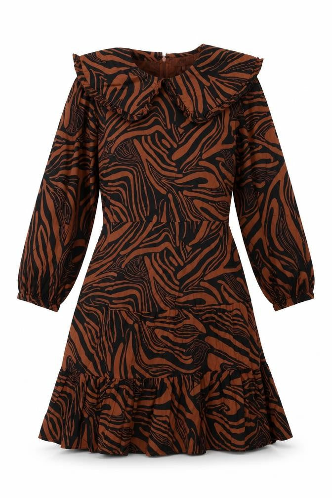 Next Womens Brown Geometric Cotton Skater Dress Size 8 Round Neck Zip