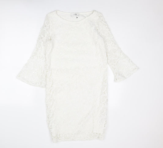 Wallis Womens White Geometric Polyester Shift Size 8 Boat Neck Pullover
