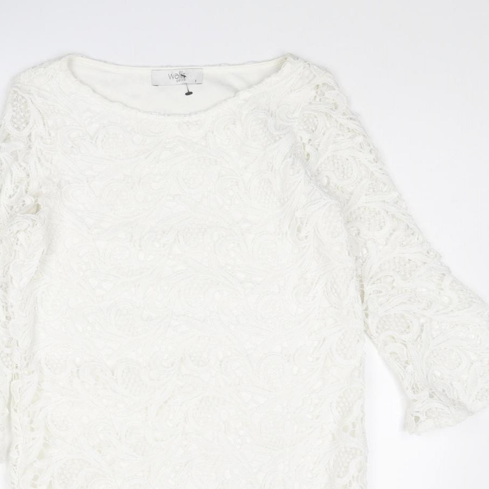 Wallis Womens White Geometric Polyester Shift Size 8 Boat Neck Pullover