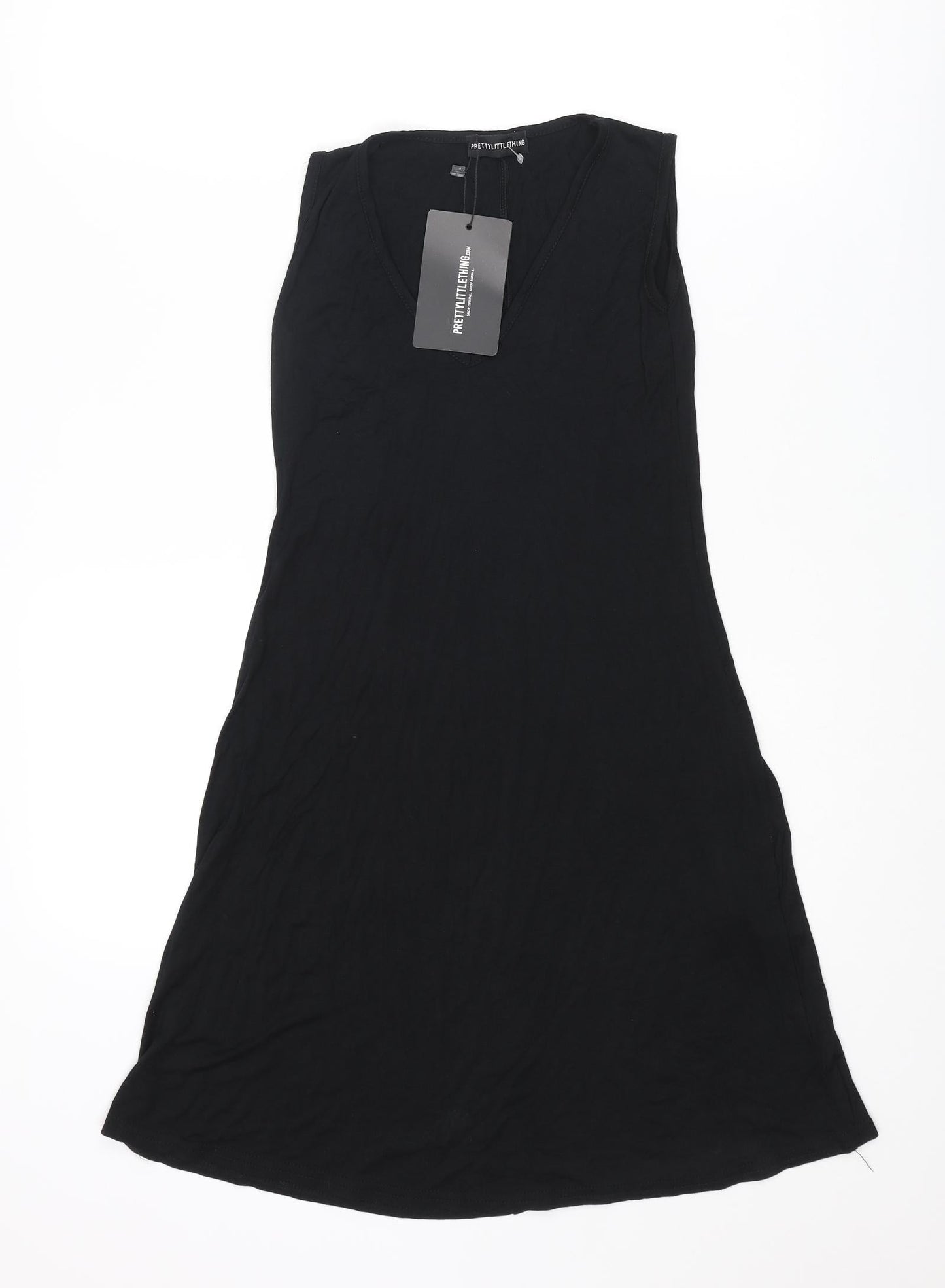 PRETTYLITTLETHING Womens Black Viscose Tank Dress Size 4 V-Neck Pullover