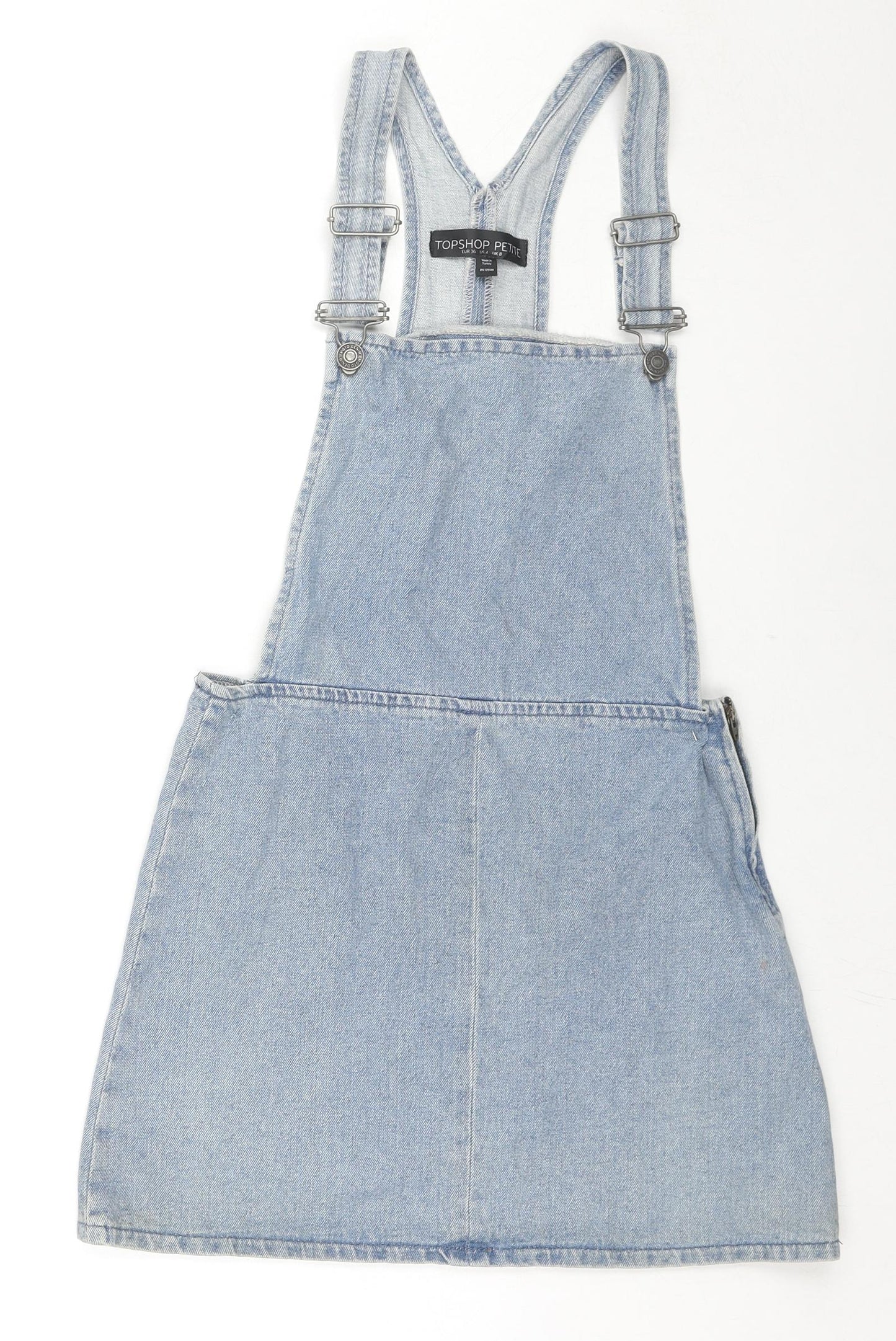 Topshop Womens Blue Cotton Pinafore/Dungaree Dress Size 8 Square Neck Zip