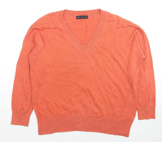 Marks and Spencer Womens Orange V-Neck Cotton Pullover Jumper Size M