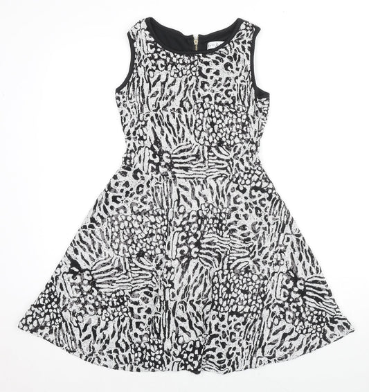 Rare Womens Multicoloured Animal Print Polyester Fit & Flare Size 8 Boat Neck Zip