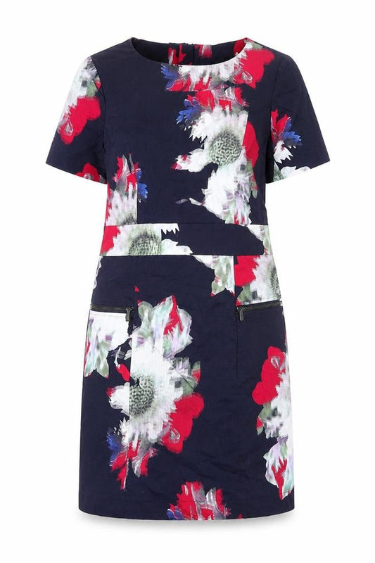French Connection Womens Blue Geometric Cotton Shift Size 10 Round Neck Zip