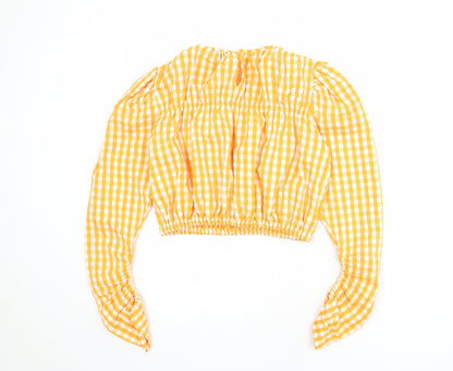Zara Womens Orange Check Viscose Basic Blouse Size S Round Neck