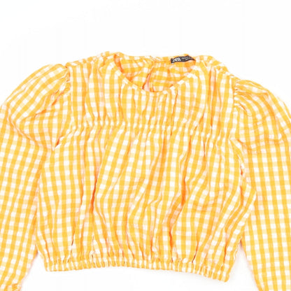 Zara Womens Orange Check Viscose Basic Blouse Size S Round Neck