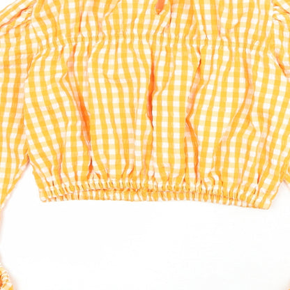 Zara Womens Orange Check Viscose Basic Blouse Size S Round Neck
