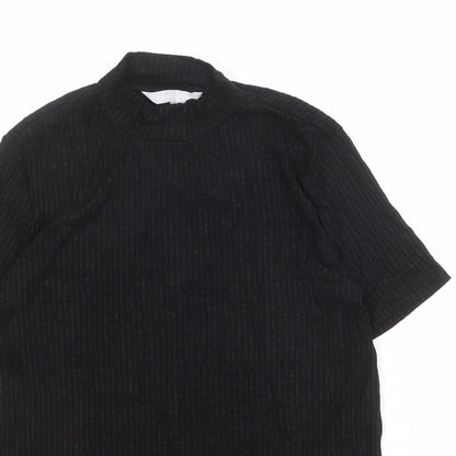 Close-up detail of Red Herring women’s black viscose basic t-shirt, size UK 12, mock neck