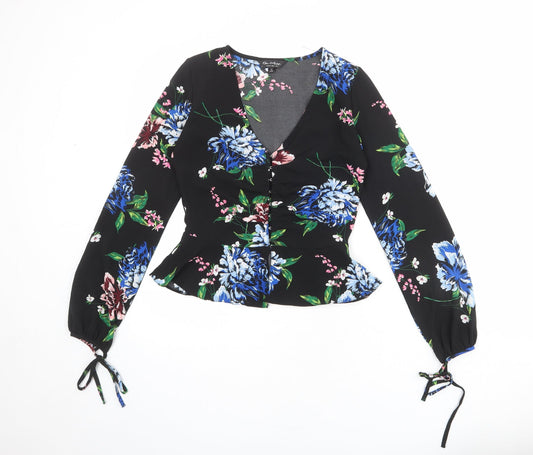 Dorothy Perkins Womens Black Floral Polyester Basic Blouse Size 6 V-Neck