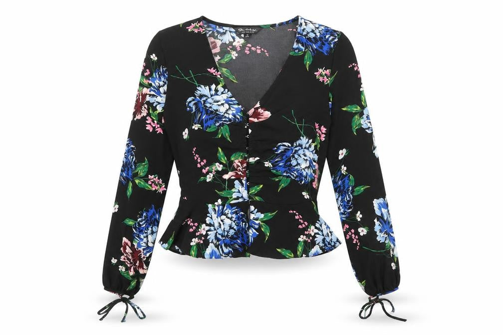Dorothy Perkins Womens Black Floral Polyester Basic Blouse Size 6 V-Neck