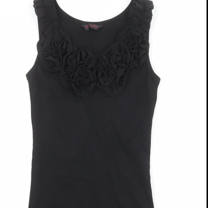 Close-up detail of Miss Selfridge women’s black cotton bodycon, size UK 8, round neck pullover