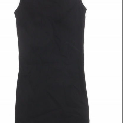 Brand and care label for Miss Selfridge women’s black cotton bodycon, size UK 8, round neck pullover