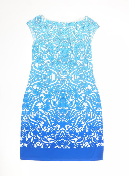 M&Co Womens Blue Geometric Polyester Shift Size 10 Boat Neck Button
